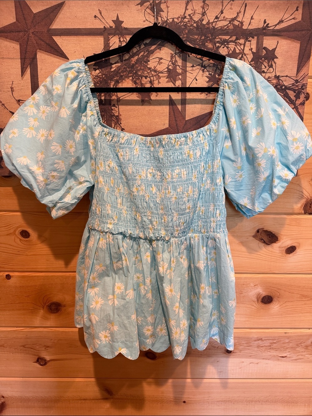 Smocked Square-Neck Puff Sleeve Top - Light Blue Daisy Simply Southern xL